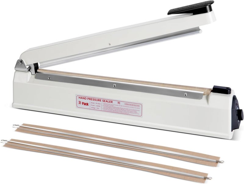 R-PACK Impulse Heat Sealer with Seal bar, Heavy-Duty Bag Sealing & Cutting Machine, 2 Extra Replacements (white, 16inch) - Image 1